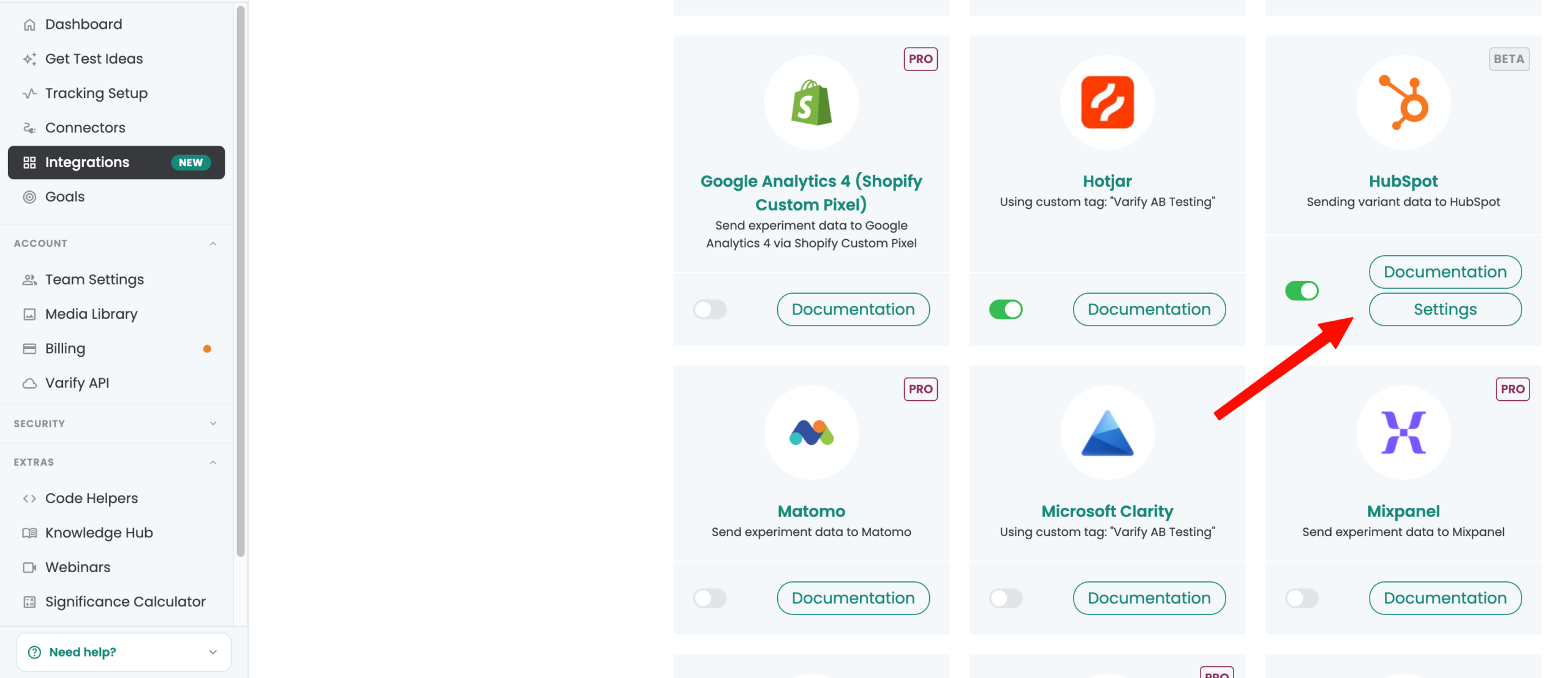Varify integrations overview with the HubSpot card switched on and an arrow pointing at its „Settings“ button