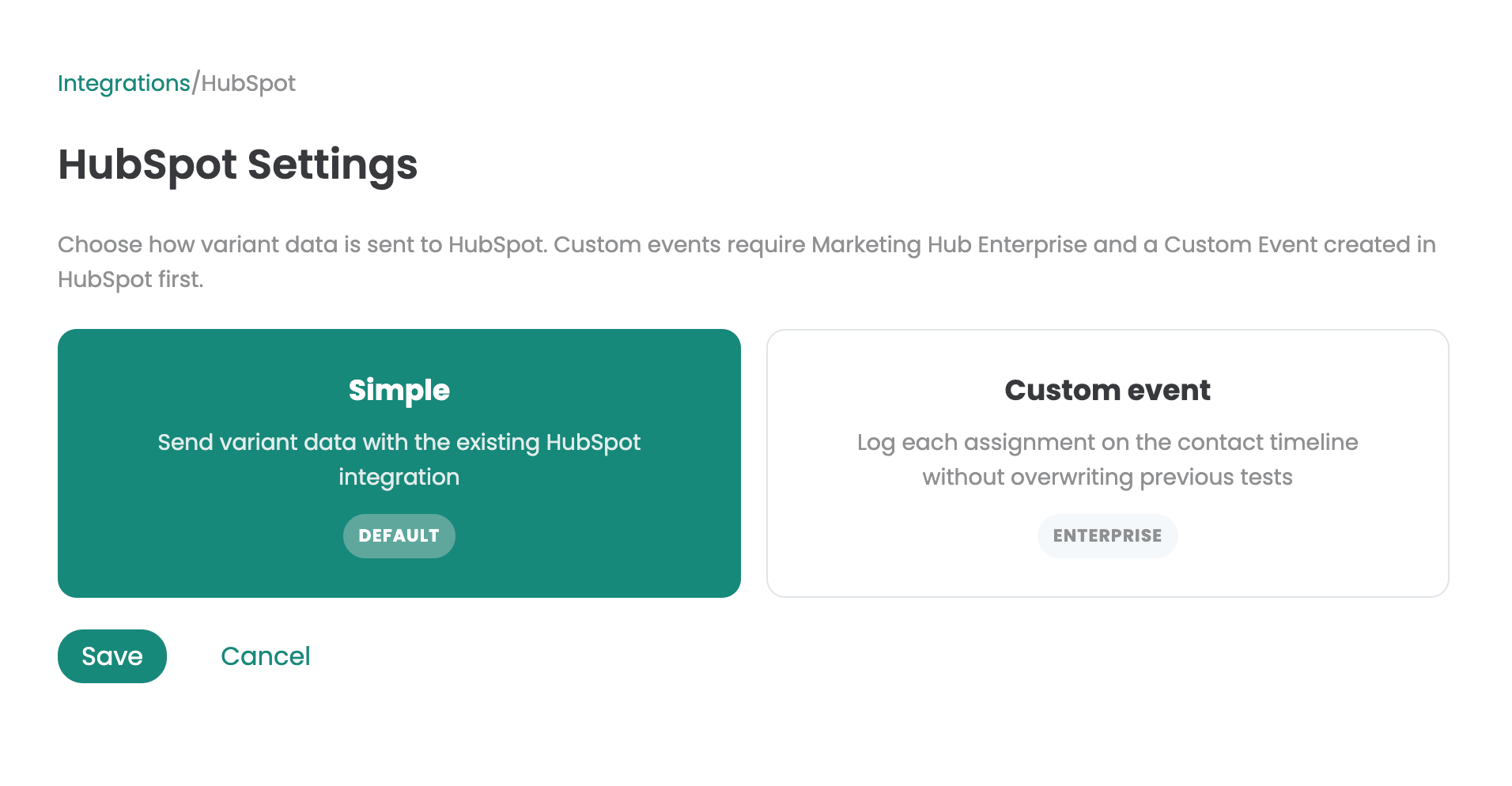 HubSpot settings in Varify with the two integration methods „Simple“ (default, selected) and „Custom event“ (Enterprise)