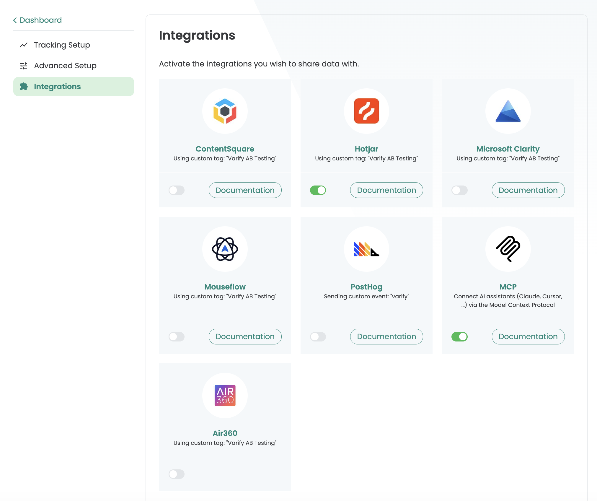 The Integrations page in Varify with cards for ContentSquare, Hotjar, Microsoft Clarity, Mouseflow, PostHog, MCP and Air360; Hotjar and MCP are switched on.