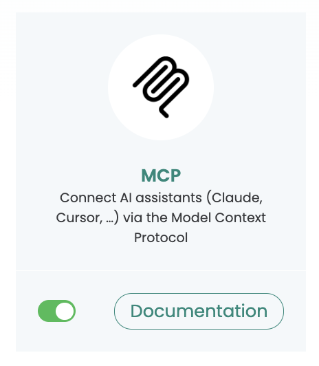 The MCP card: connect AI assistants such as Claude or Cursor via the Model Context Protocol, switch on, with a link to the documentation.