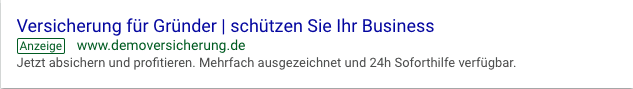 Google search ad whose headline reads „Versicherung für Gründer | schützen Sie Ihr Business“