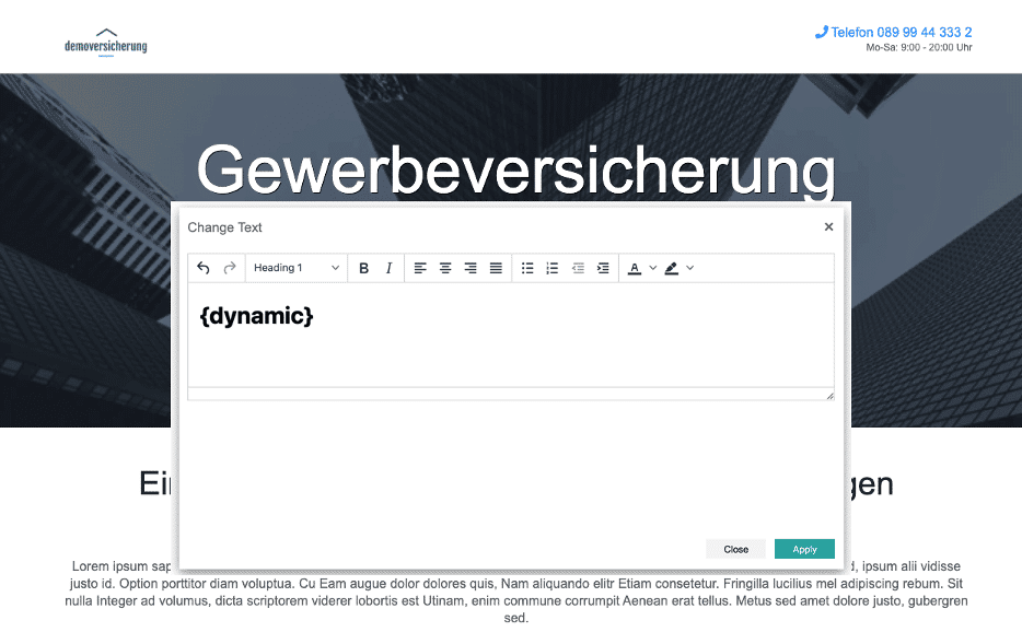 Same Varify text editor after the change: the headline now contains the placeholder „{dynamic}“ instead of the fixed word