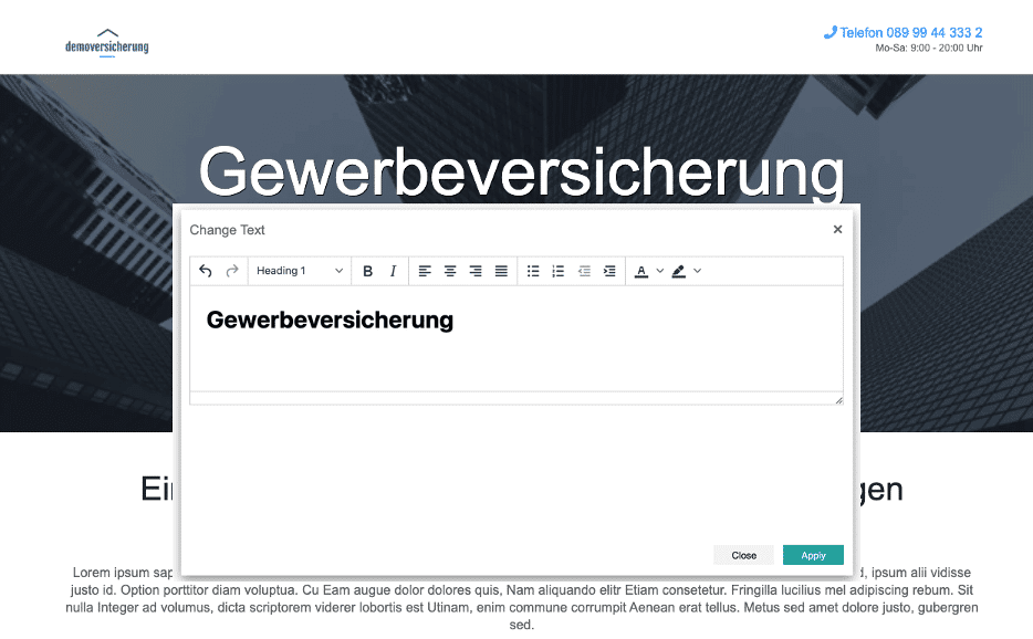 Varify text editor on the landing page headline before the change, containing the fixed word „Gewerbeversicherung“