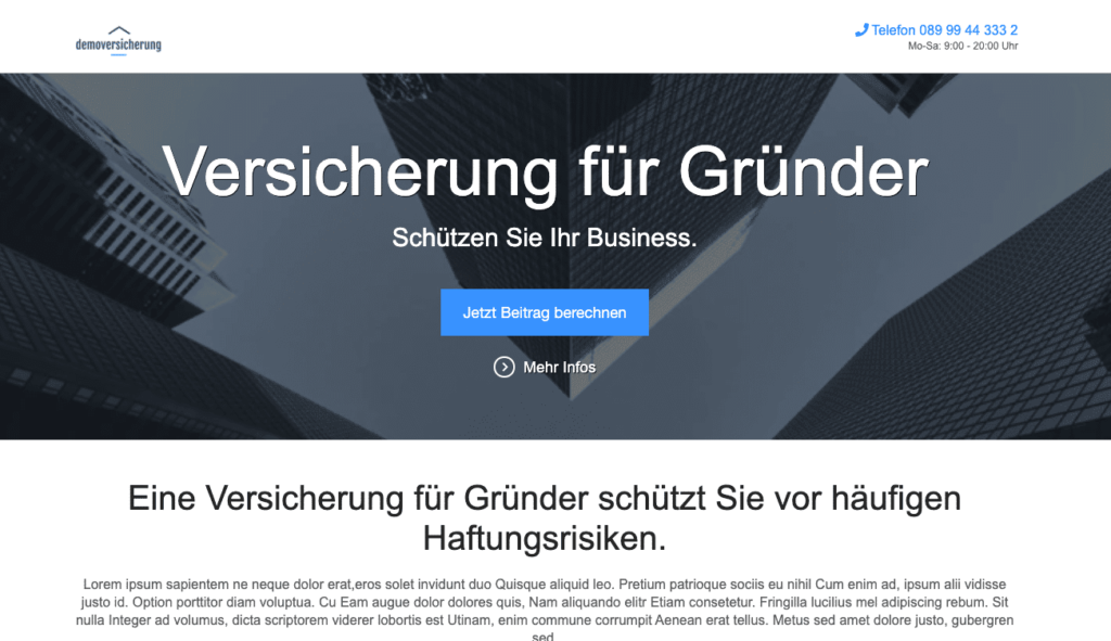 The same landing page with keyword insertion active: the headline now reads „Versicherung für Gründer“, matching the ad that was clicked