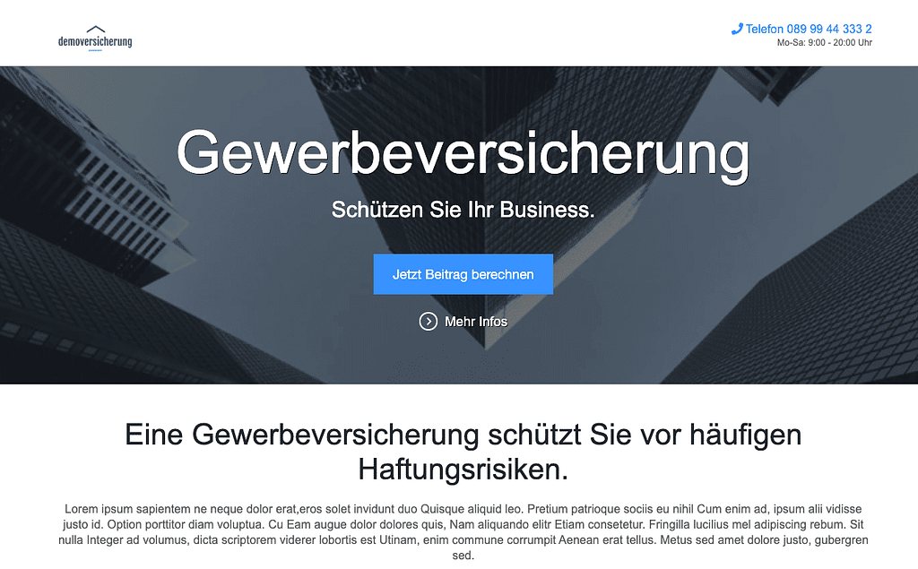 Landing page in its original state with the headline „Gewerbeversicherung“ and the subline „Schützen Sie Ihr Business.“