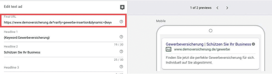 Same ad editor with the final URL field highlighted: „?varify=gewerbe-insertion&dynamic={keyword}“ appended to the landing page address
