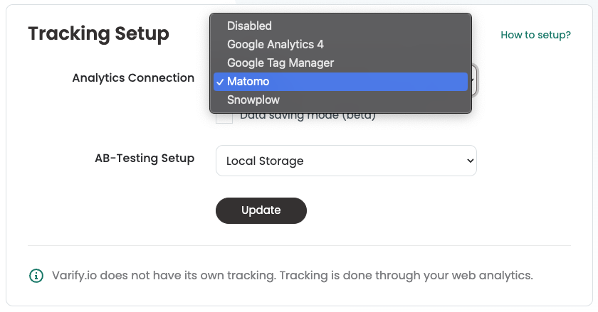 Varify tracking setup with the analytics connection dropdown open and „Matomo“ ticked