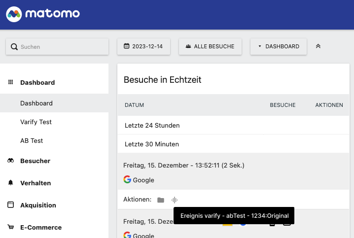 Matomo realtime visits with the tooltip „Ereignis varify - abTest - 1234:Original“ over a recorded action