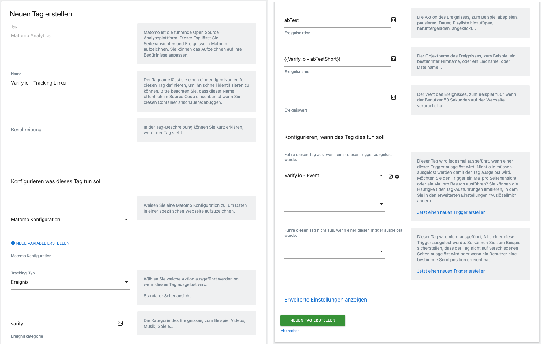 Matomo Tag Manager creating the tag „Varify.io - Tracking Linker“: event category „varify“, action „abTest“, name „{{Varify.io - abTestShort}}“, fired by the trigger „Varify.io - Event“