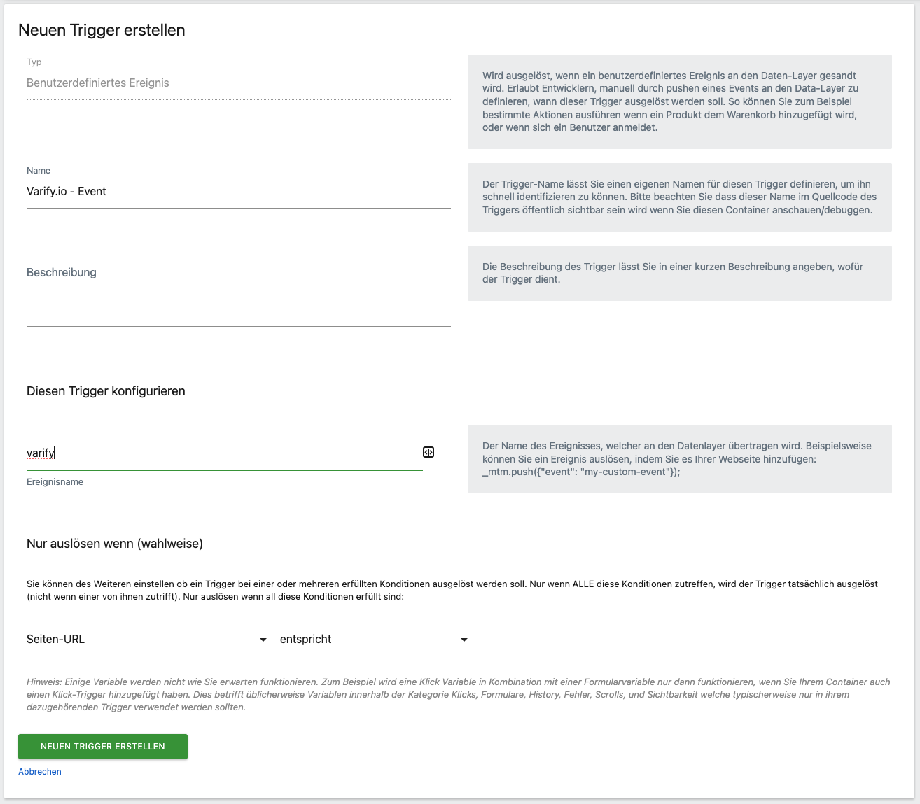 Matomo Tag Manager creating the custom-event trigger „Varify.io - Event“ listening for the event name „varify“