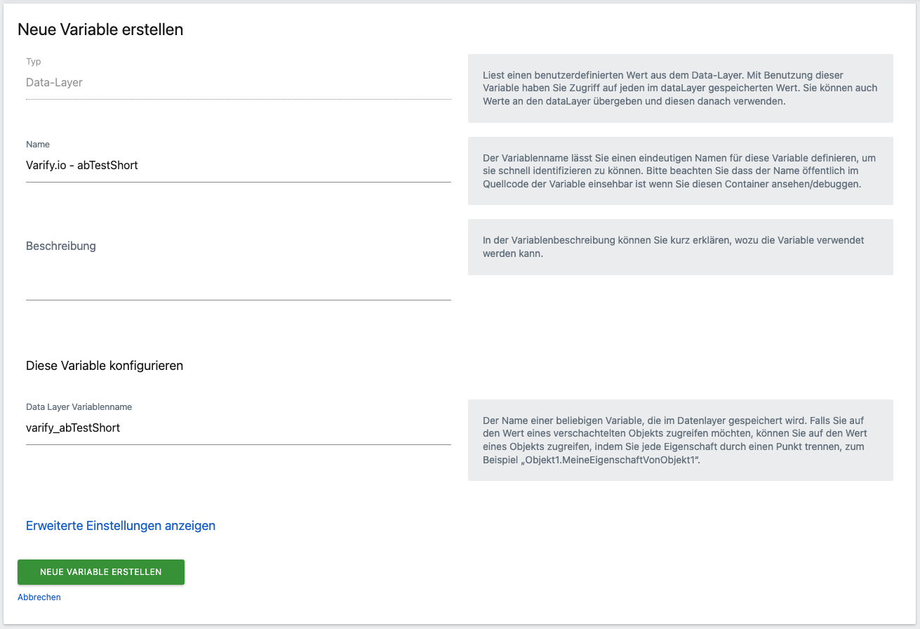 Matomo Tag Manager creating the data-layer variable „Varify.io - abTestShort“ that reads „varify_abTestShort“