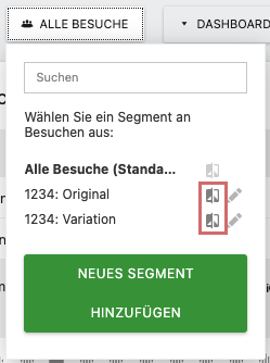 Matomo segment list with the compare icon next to „1234: Original“ and „1234: Variation“ highlighted