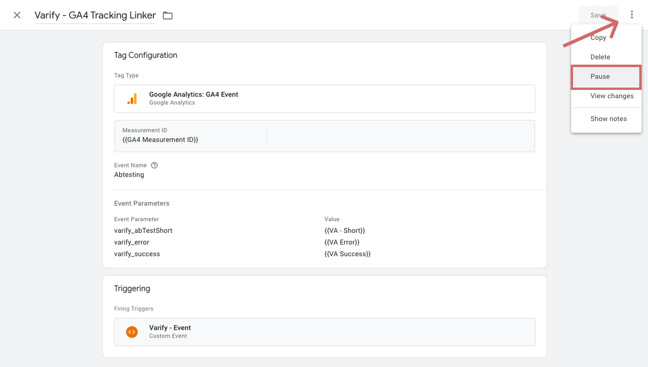Google Tag Manager tag „Varify - GA4 Tracking Linker“ with its menu open and the entry „Pause“ highlighted