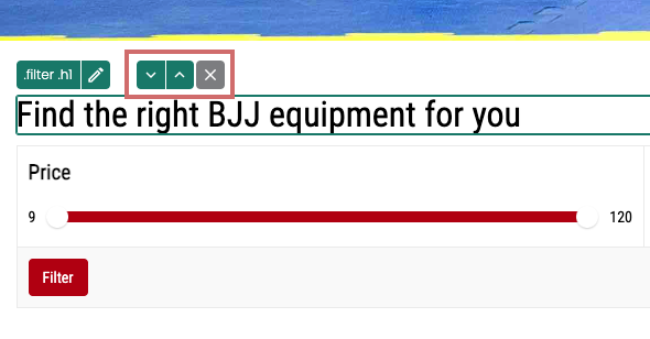 Selected headline in the Varify editor; the two arrow buttons of the toolbar that move the element are highlighted