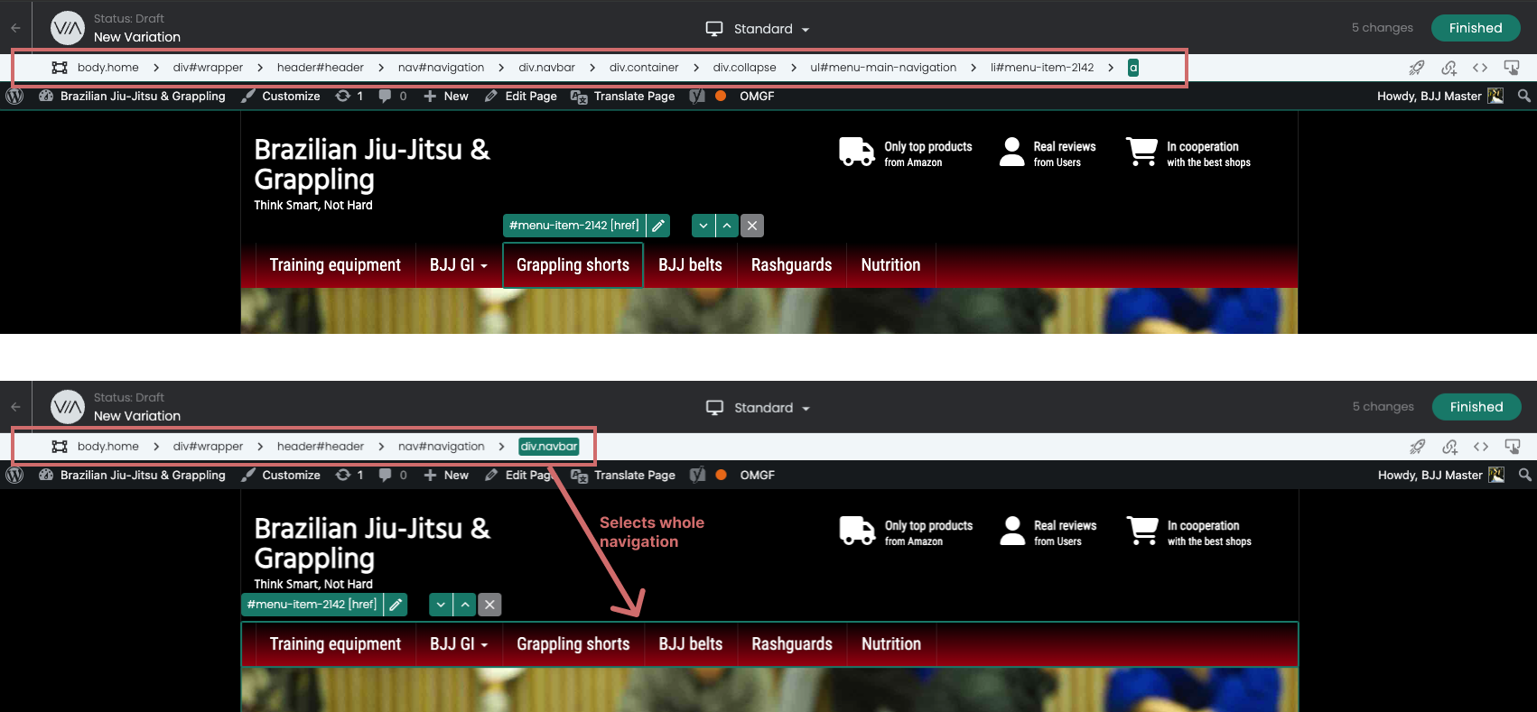 Breadcrumb of the editor: from the single link „a“ the selection moves up to „div.navbar“, which picks the whole navigation