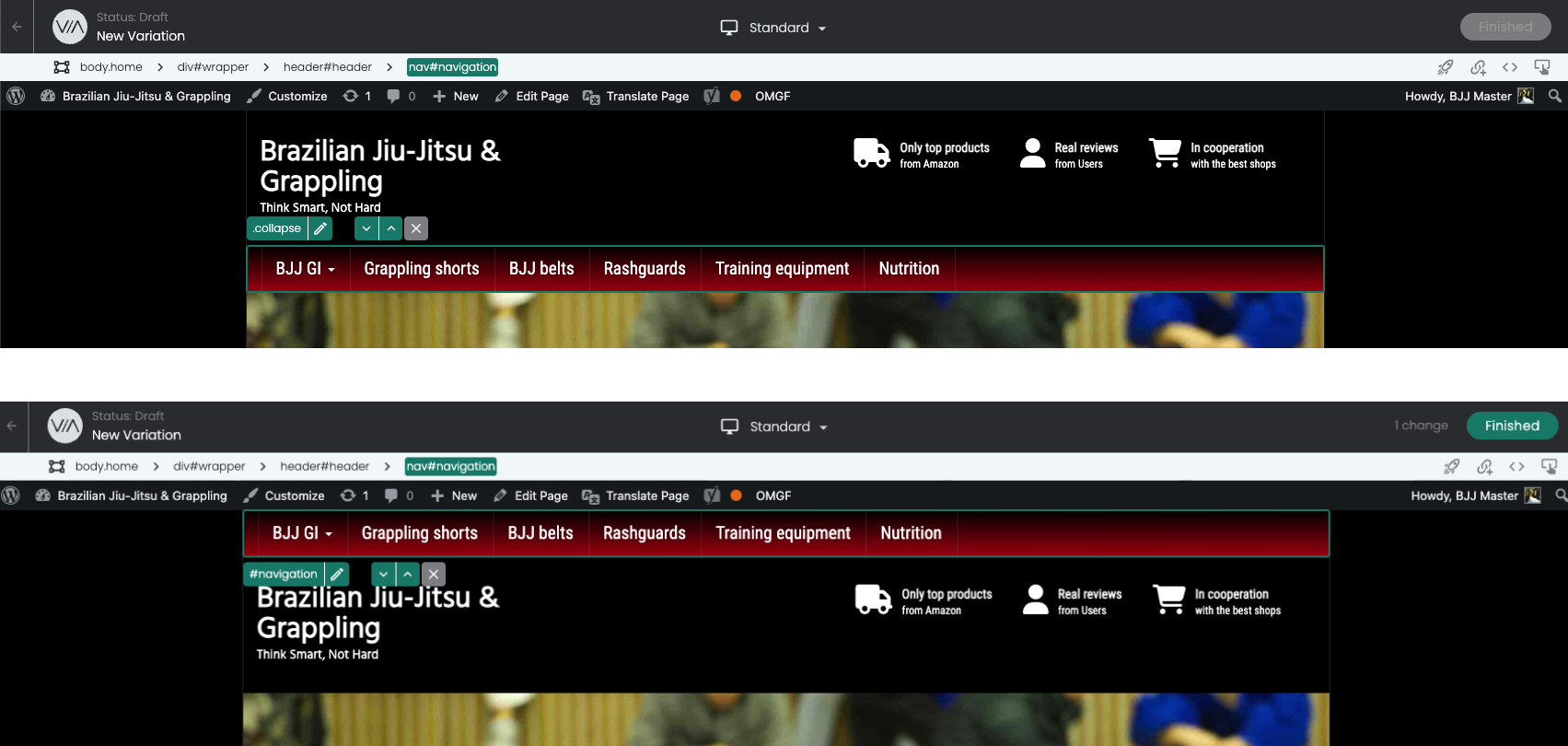 The navigation before and after moving: it sits below the logo first, above it afterwards