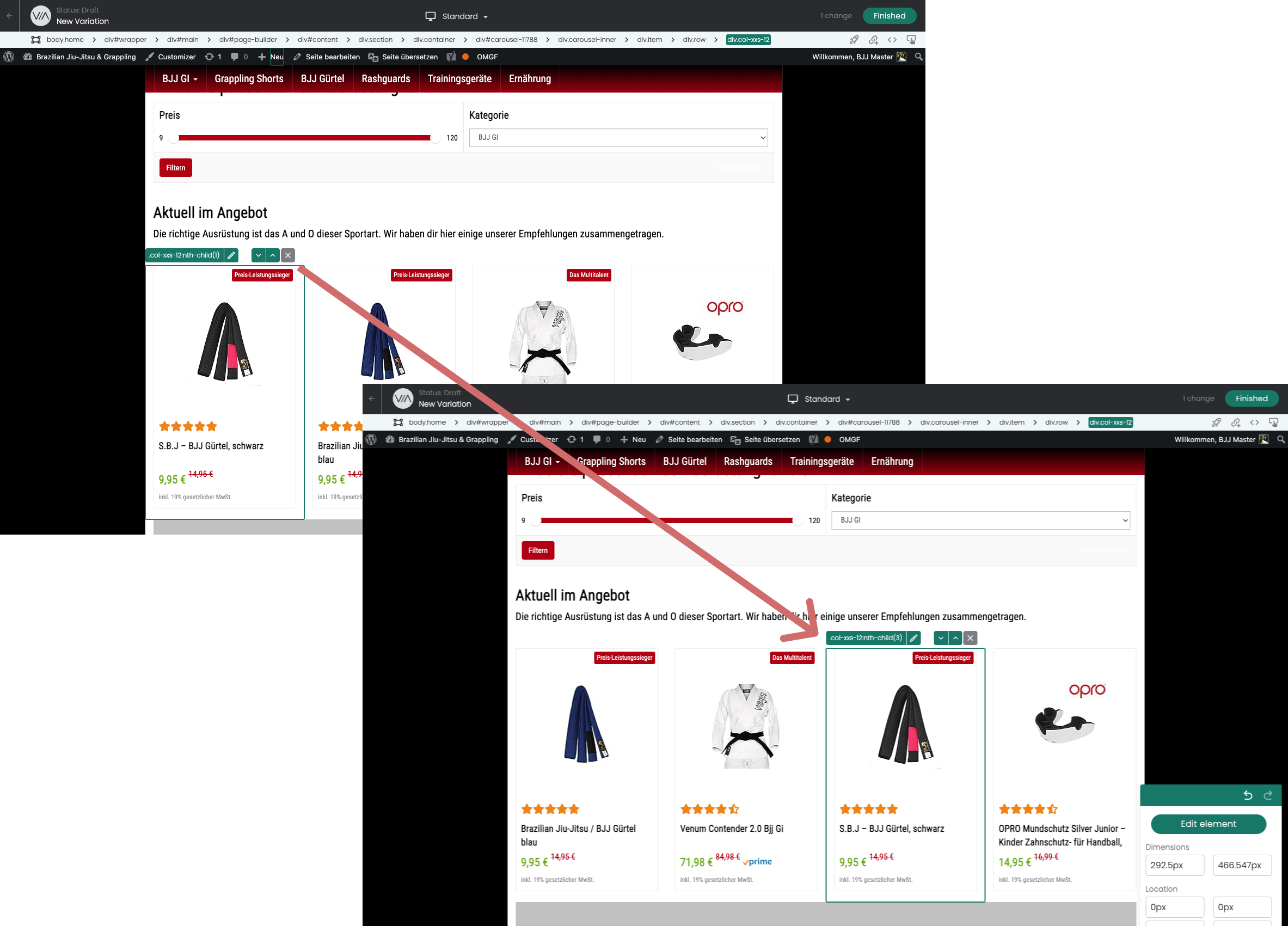 Product row before and after: the black belt moves from the first position to the third