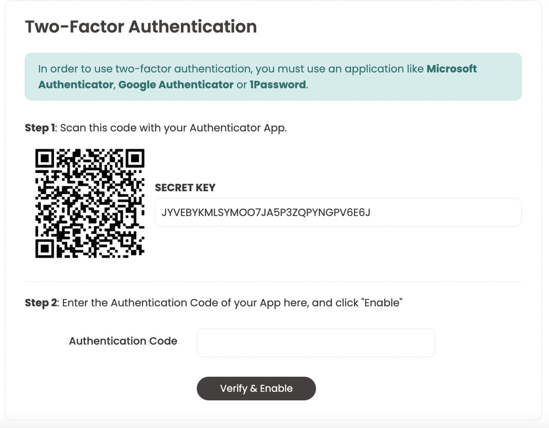 Varify screen „Two-Factor Authentication“: step 1 with the QR code and the secret key, step 2 with the field for the authentication code