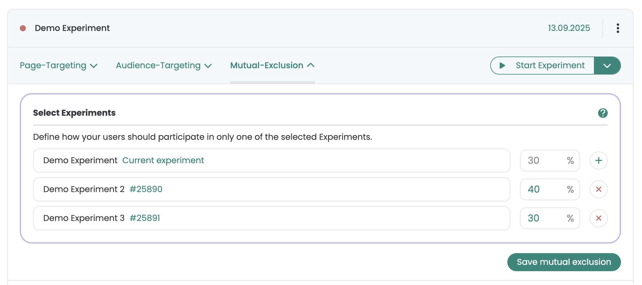 The same tab with three experiments sharing the traffic: 30 %, 40 % and 30 %