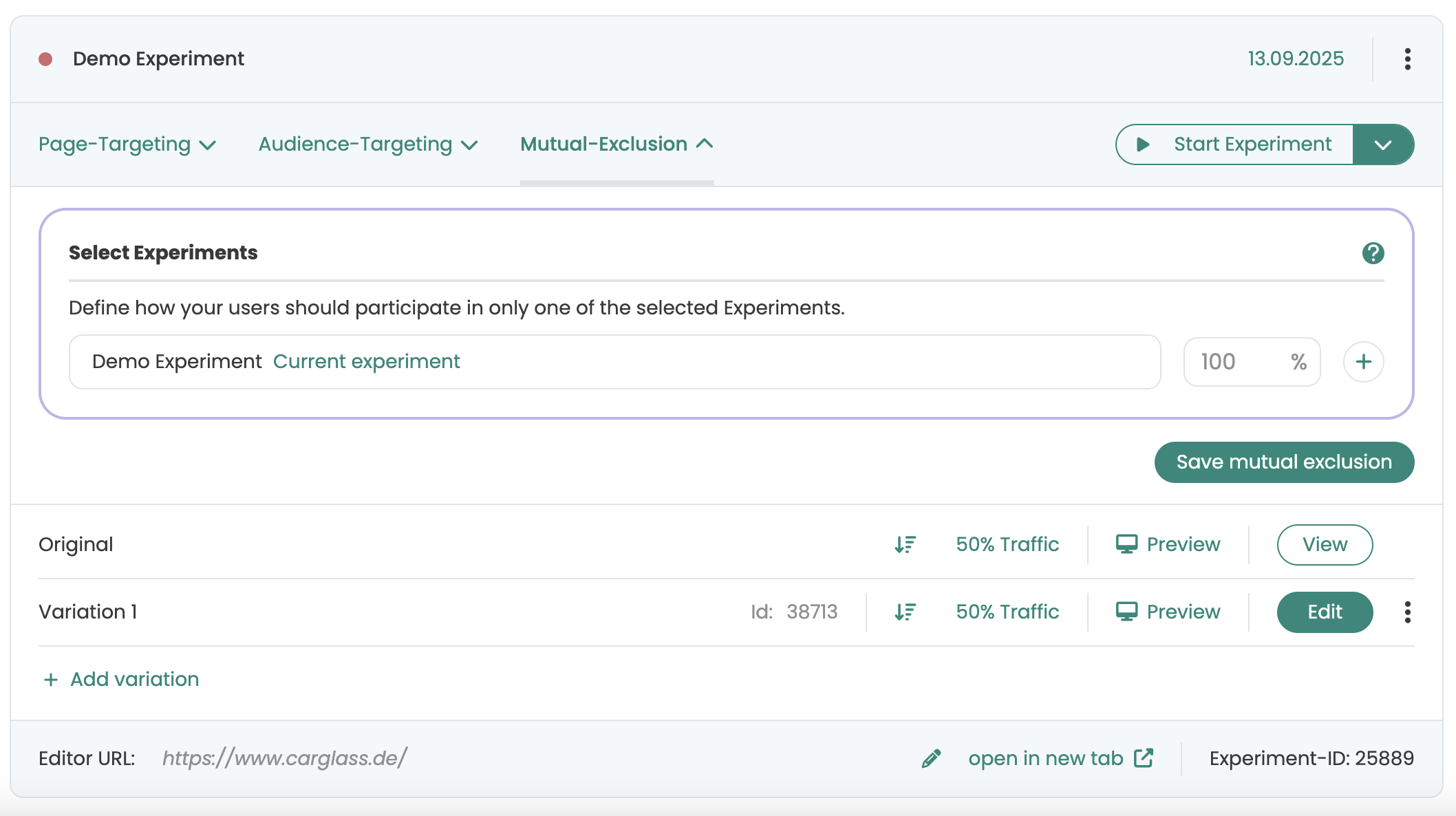 Tab „Mutual-Exclusion“ with only the current experiment listed at 100 %