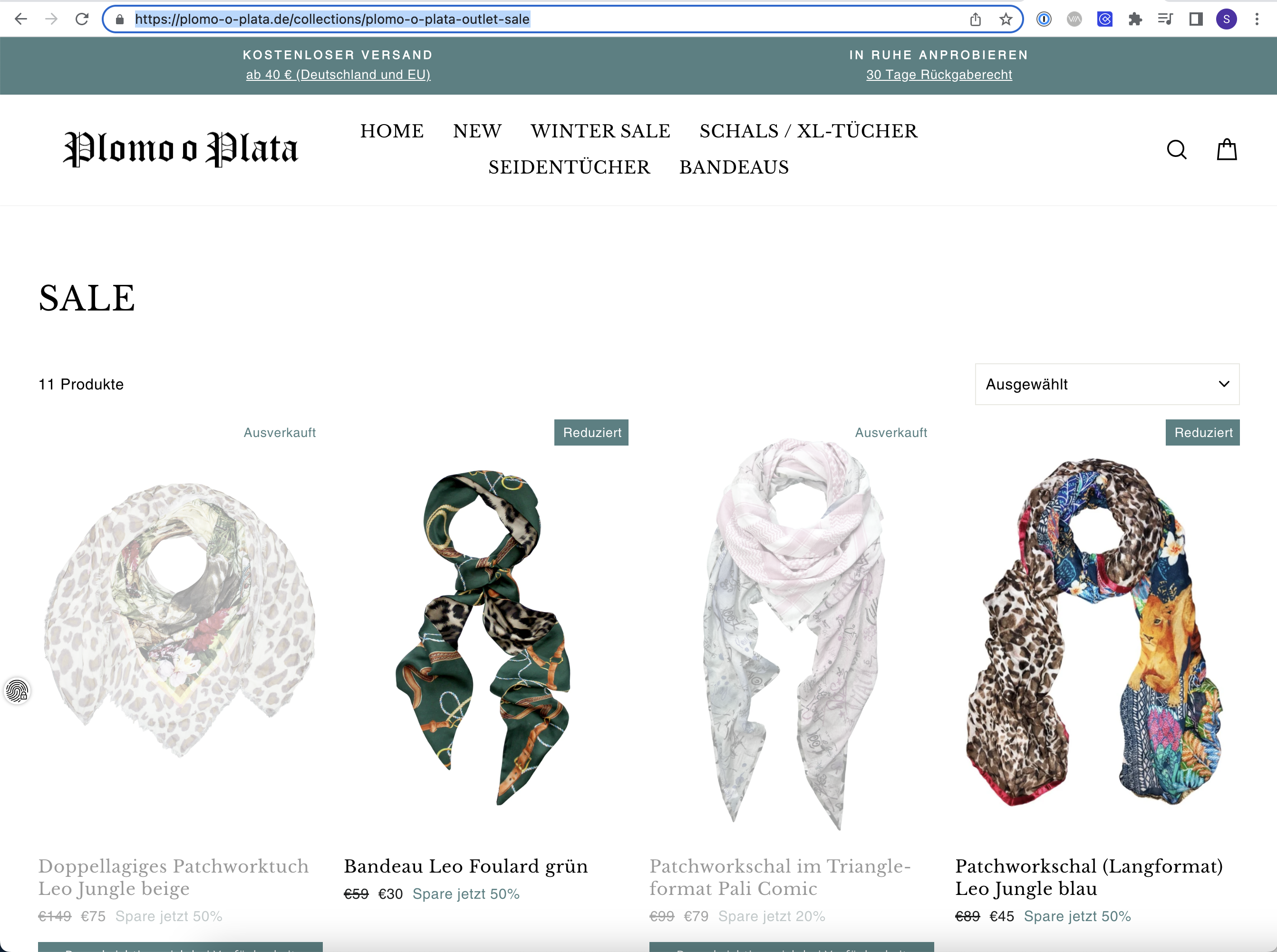 The example shop plomo-o-plata.de with the outlet sale category open in the browser; the URL is selected in the address bar.