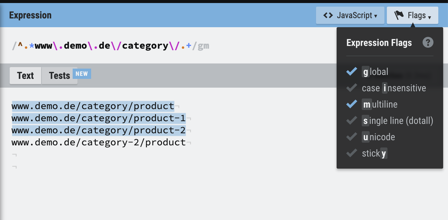 Regex tester: the expression matches three of four example URLs under /category/; the flags global and multiline are set.