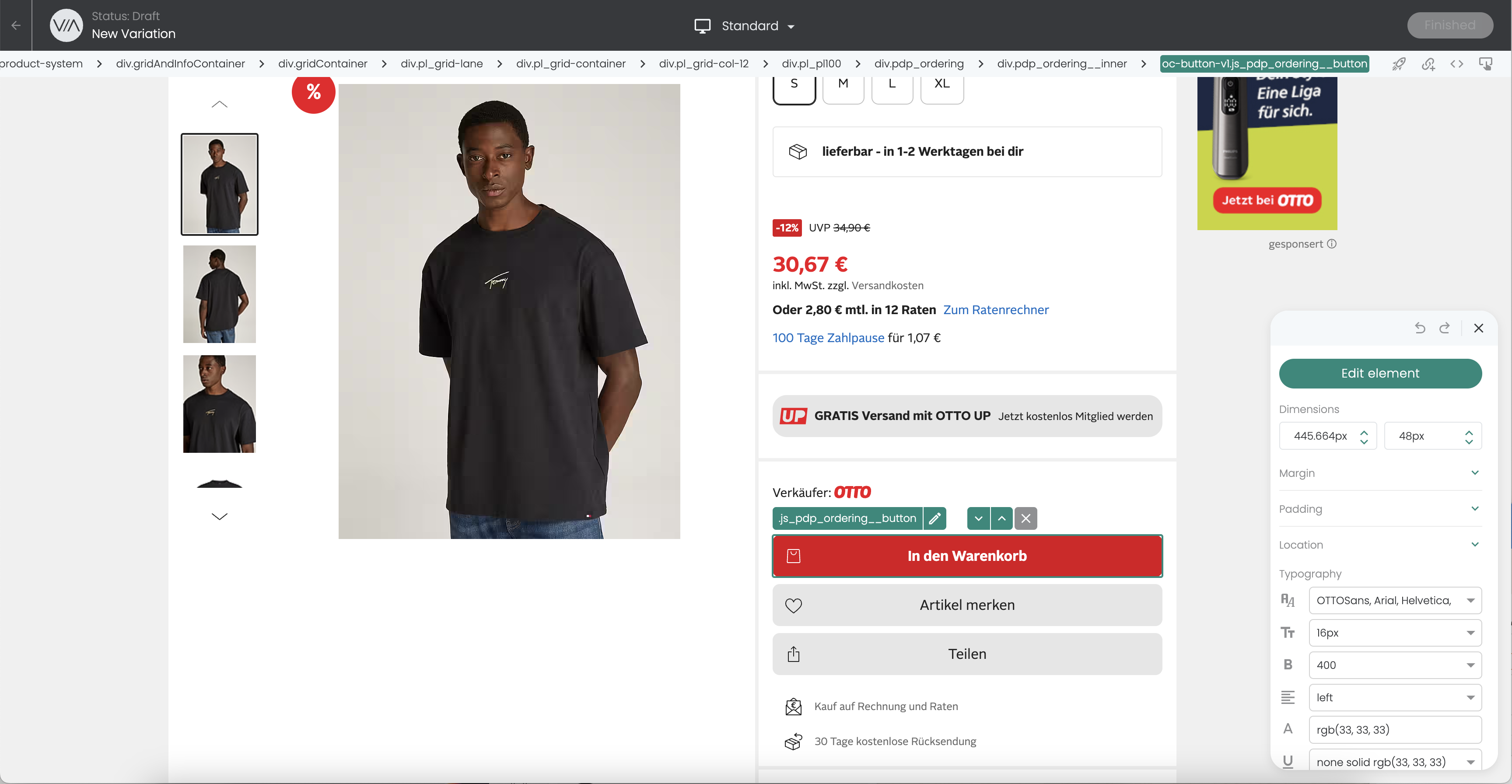 The Varify editor on a product page; the add-to-cart button is selected and the editor shows its selector .js_pdp_ordering__button.