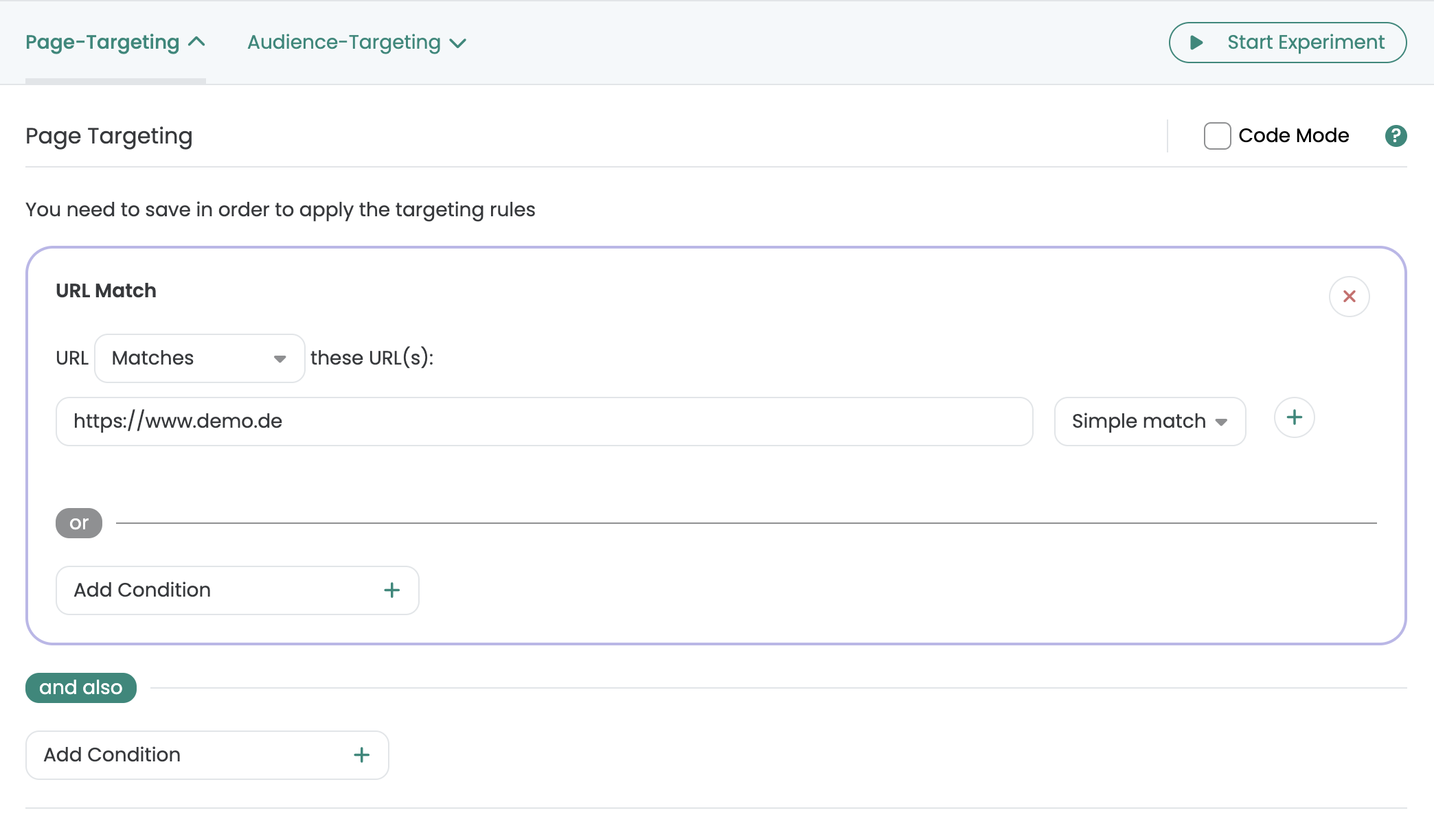 Page targeting with one URL Match rule: „Matches https://www.demo.de“ as a simple match.