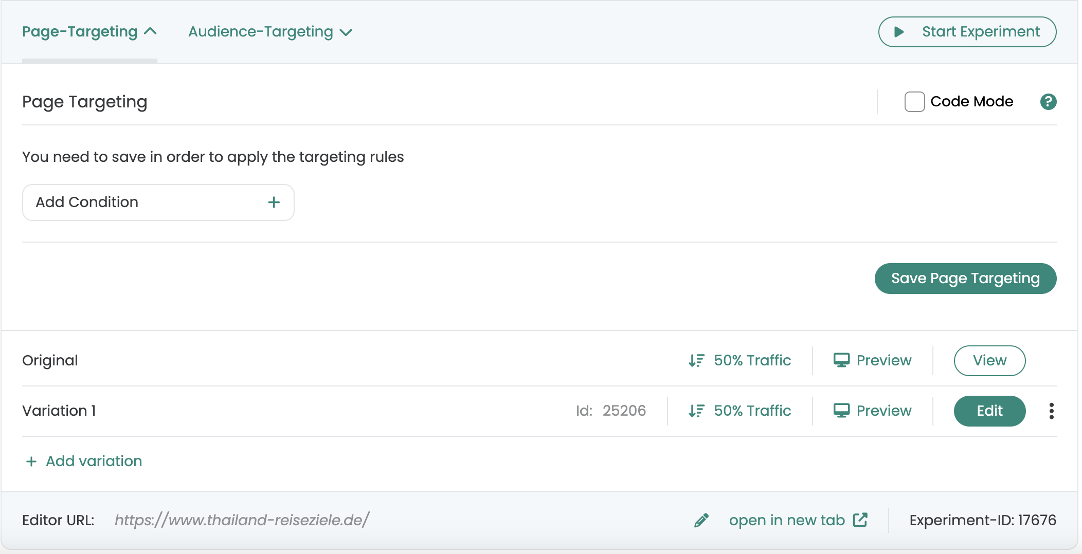 The Page-Targeting tab of an experiment with „Add Condition“ and the Save Page Targeting button.