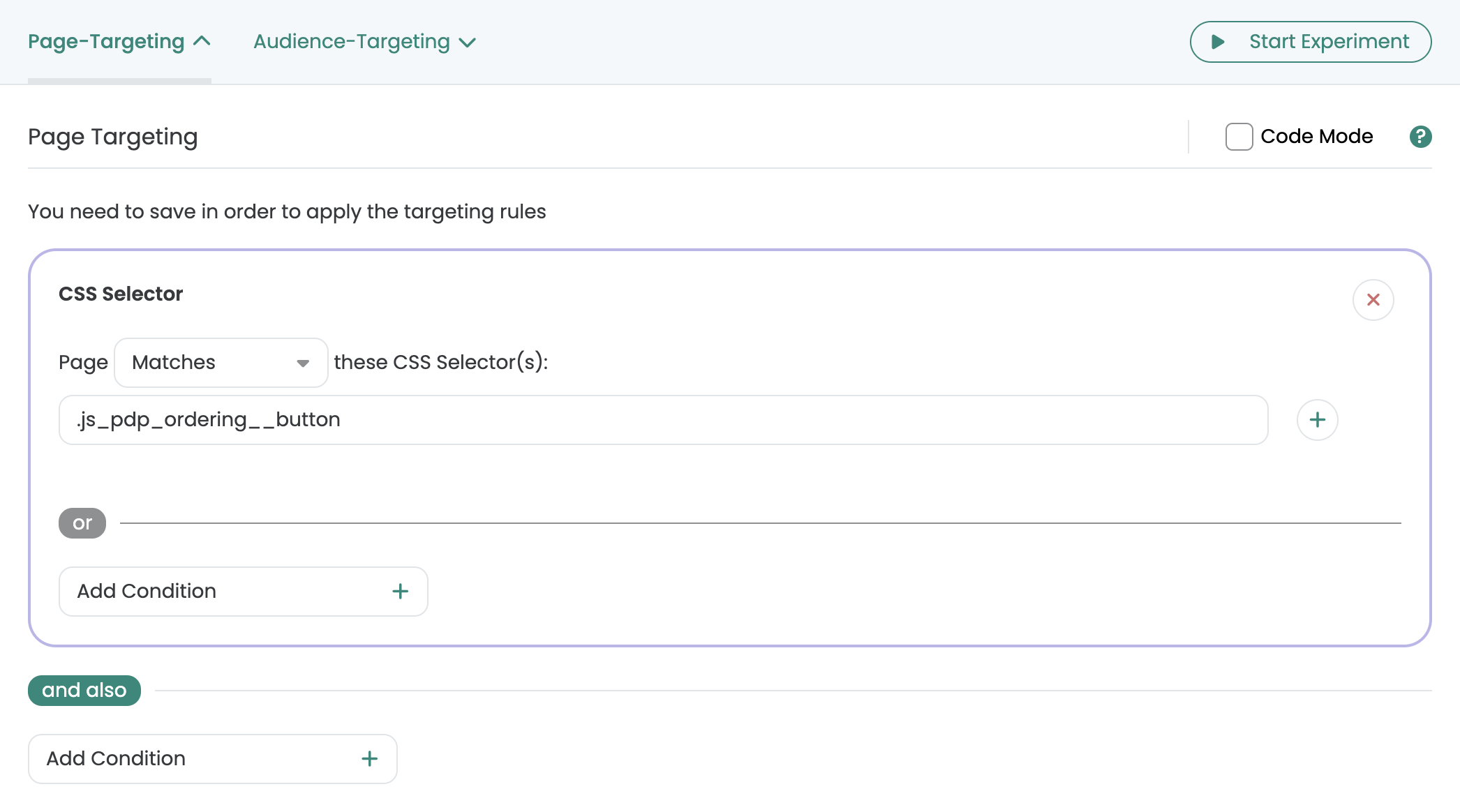 Page targeting with a CSS Selector rule: the page must contain .js_pdp_ordering__button.