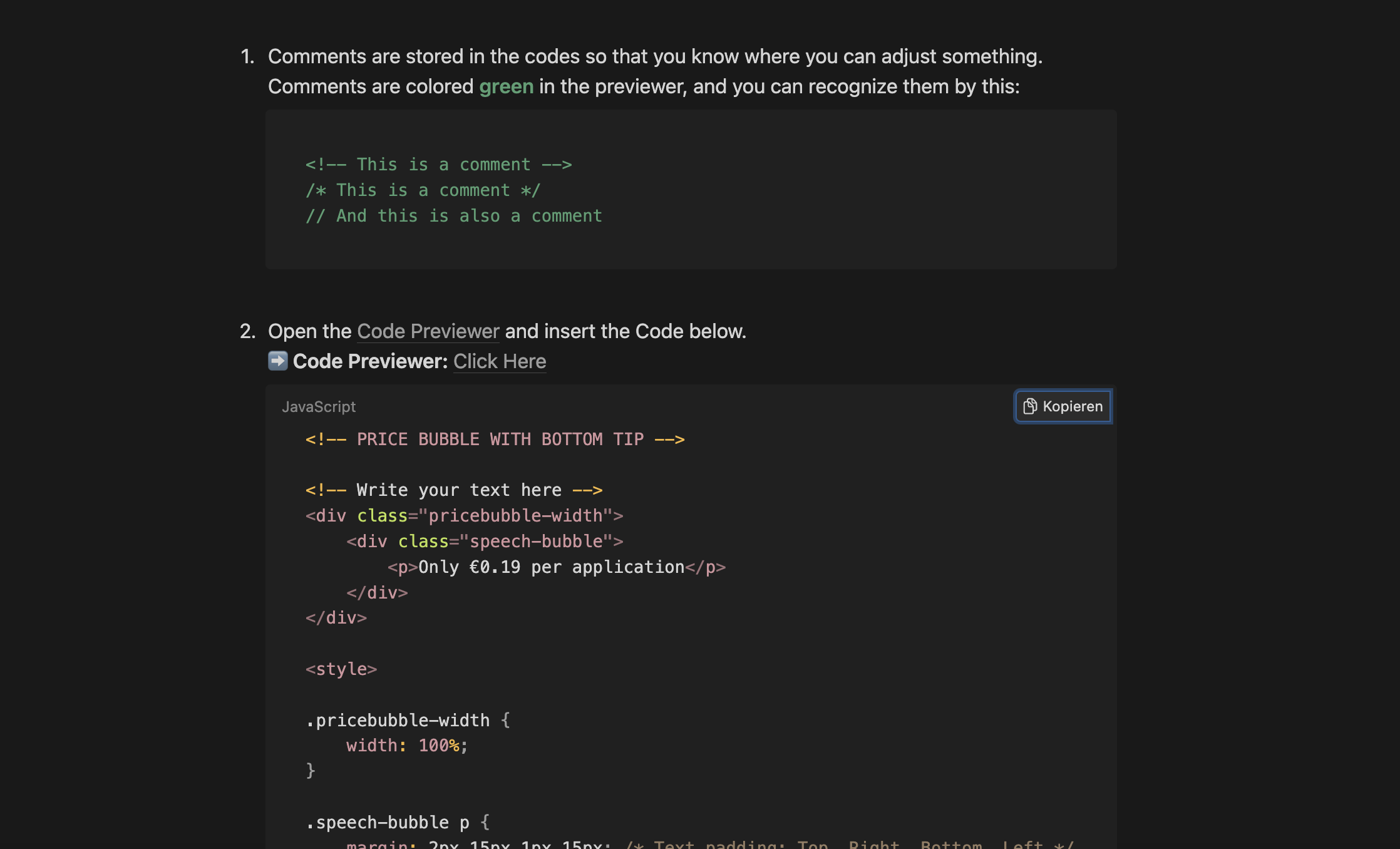 Documentation page with the code of the price bubble and the „Kopieren“ button highlighted above the snippet