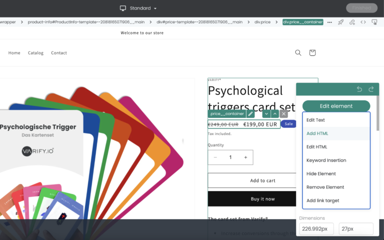 Varify editor on the Shopify product page with the price element selected and the entry „Add HTML“ chosen in the menu