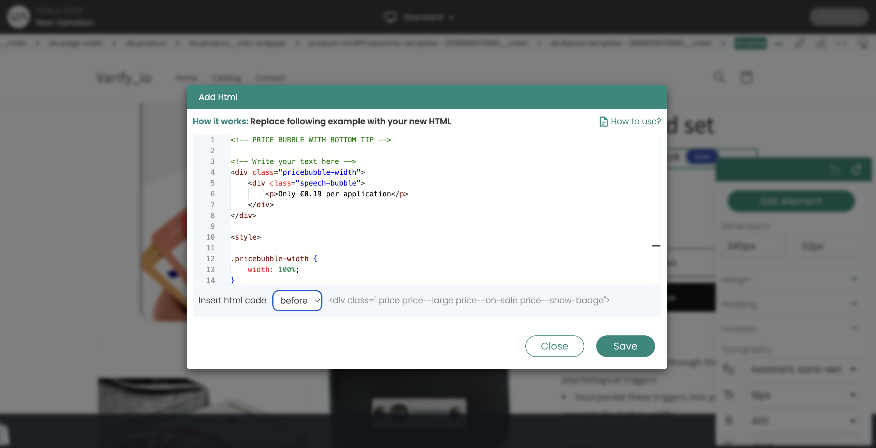 Dialog „Add Html“ with the pasted price-bubble code; the insertion point is set to „before“ the price element