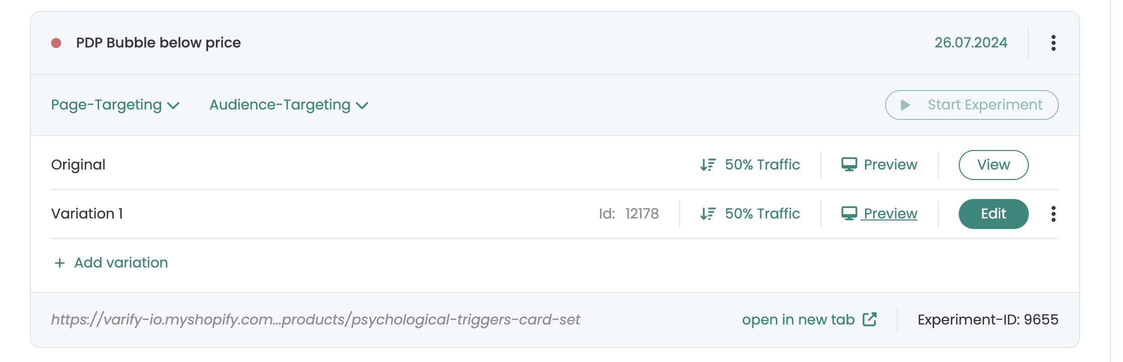 The finished experiment „PDP Bubble below price“ on the Shopify product URL with Original and Variation 1 at 50 % traffic each