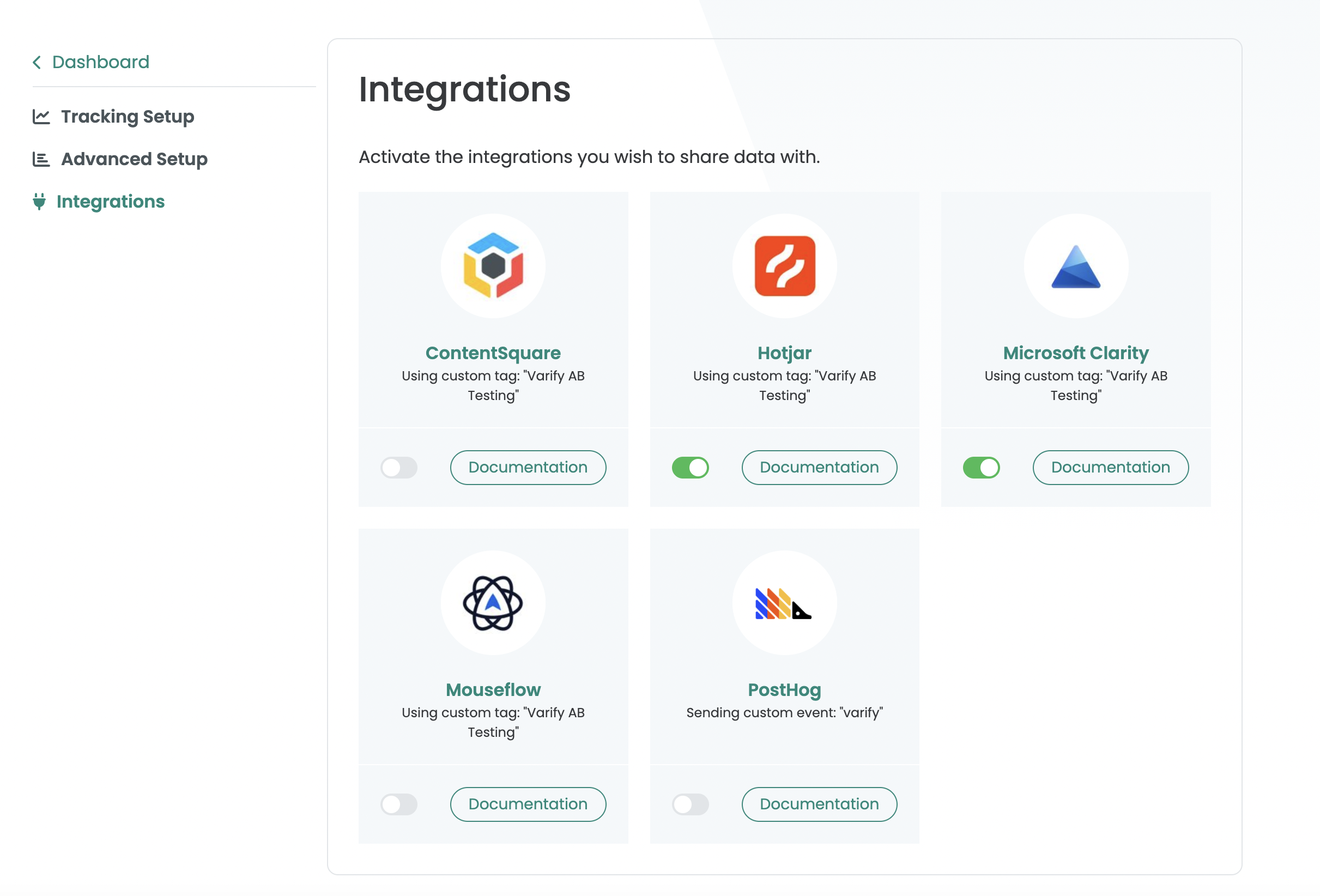 Varify screen „Integrations“ with the five cards ContentSquare, Hotjar, Microsoft Clarity, Mouseflow and PostHog; the PostHog toggle is still off