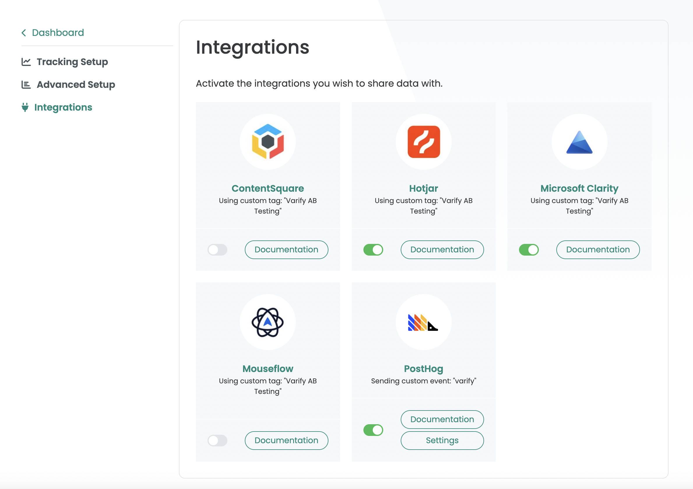 The same screen after activation: the PostHog toggle is green and a „Settings“ button appears next to „Documentation“