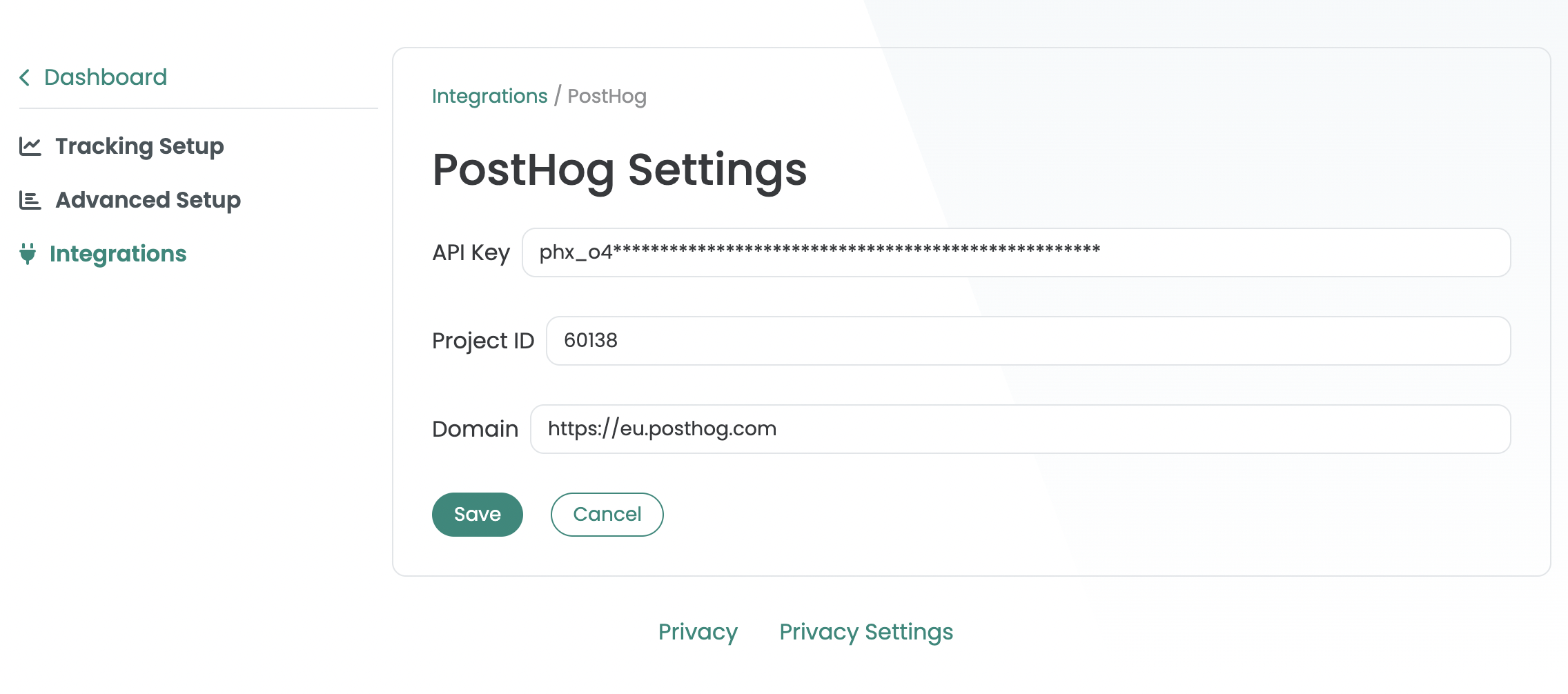 Varify „PostHog Settings“ with the API key entered, project ID 60138 and the domain https://eu.posthog.com