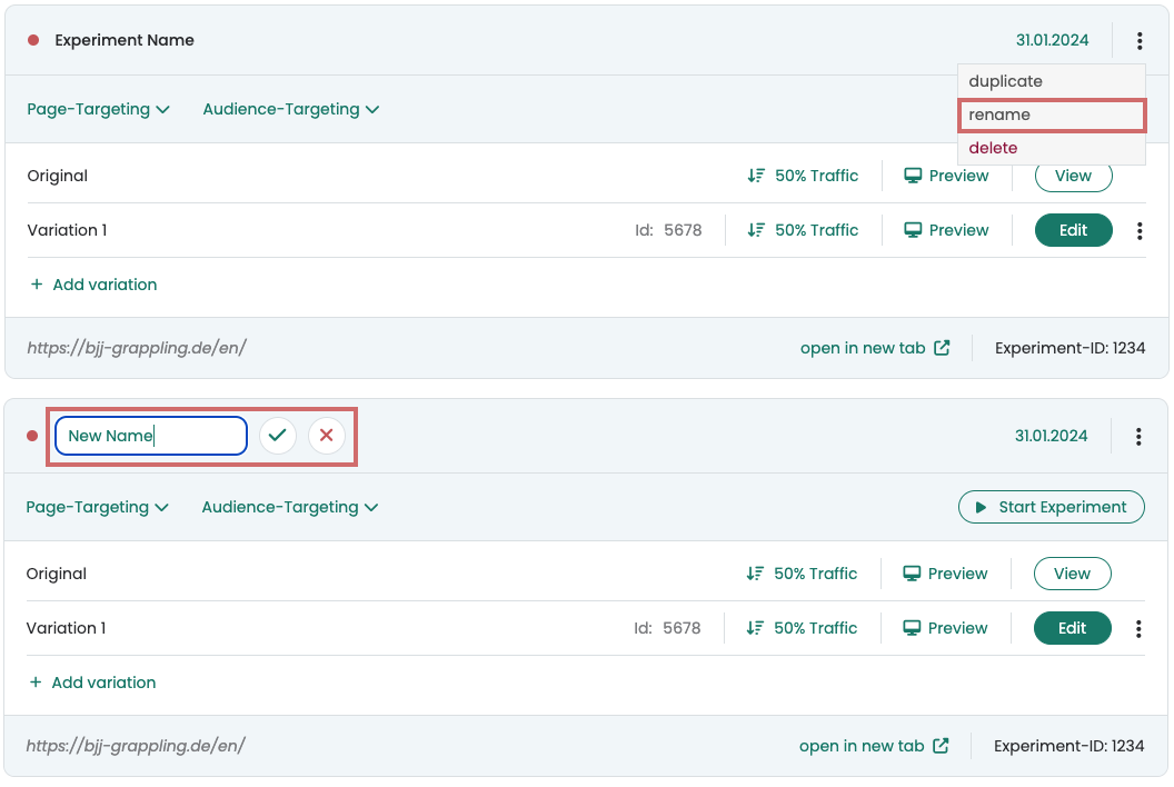 Experiment before and after: the menu entry „rename“ is highlighted, then the name sits in an input field with tick and cross