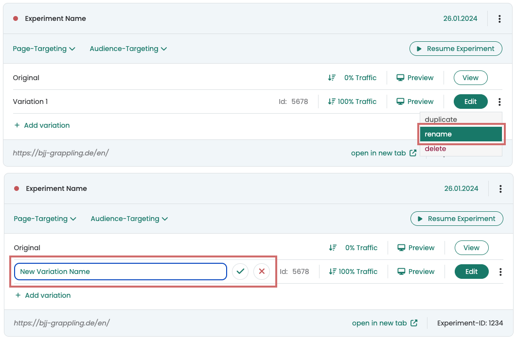 Variation before and after: the menu entry „rename“ is highlighted, then the variation name sits in an input field with tick and cross