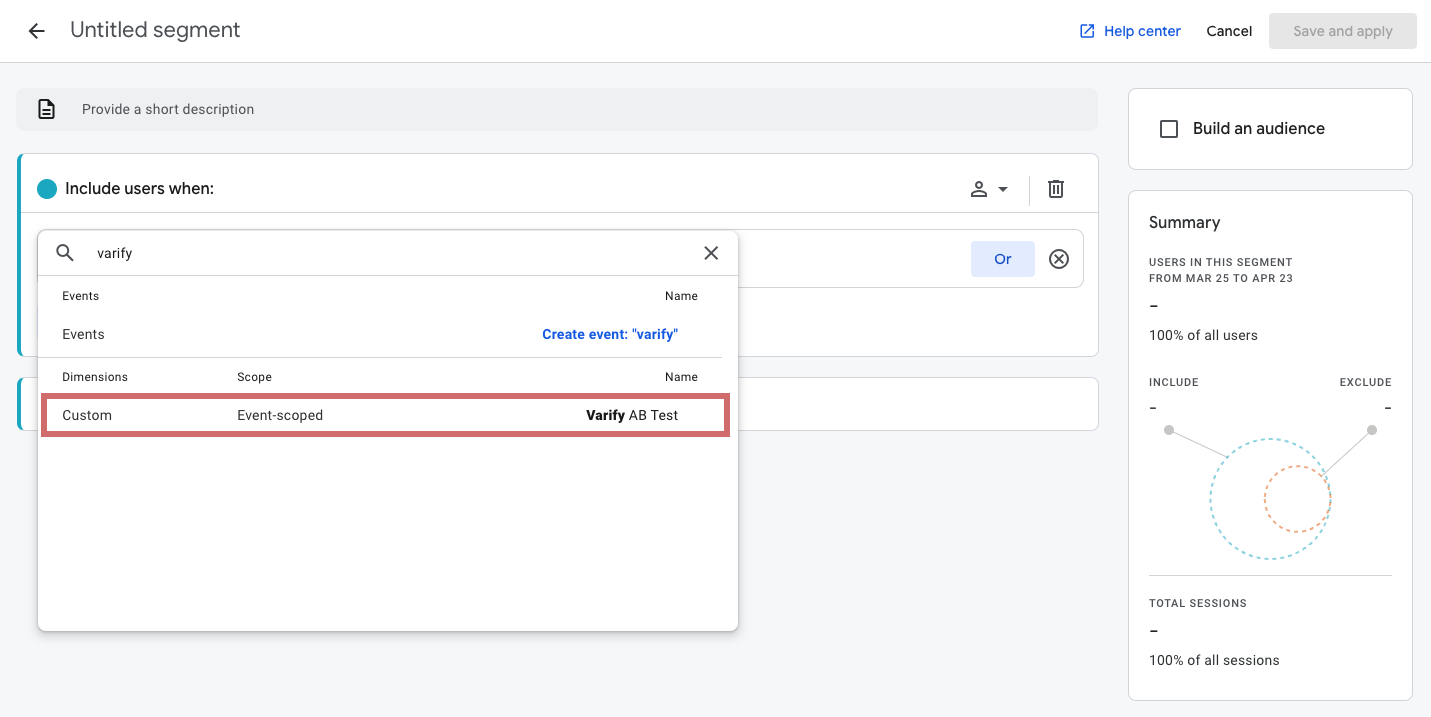 GA4 segment editor with „varify“ searched; the event-scoped custom dimension „Varify AB Test“ is highlighted