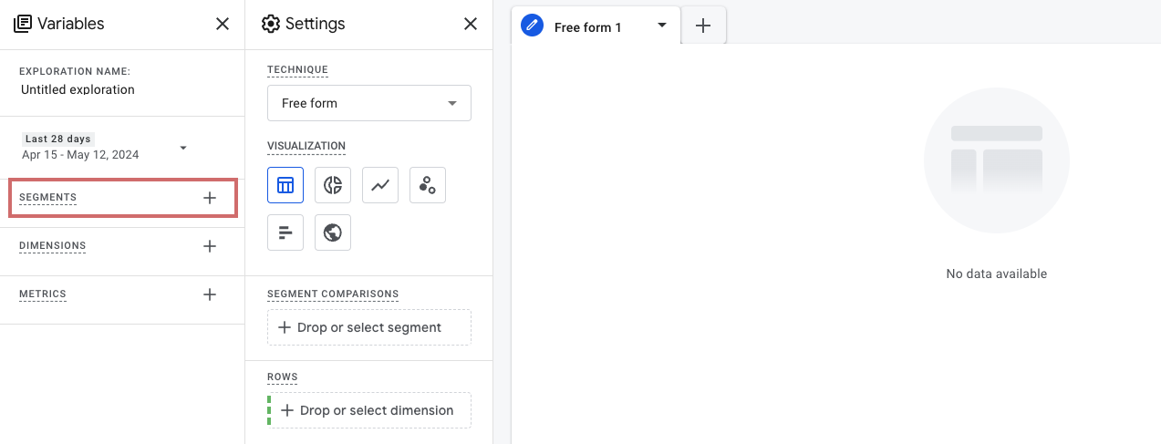 GA4 exploration „Free form“ with the „SEGMENTS“ plus button in the variables column highlighted