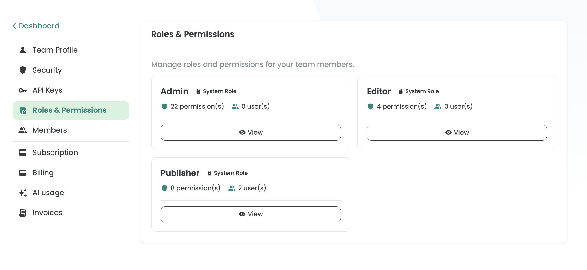 Roles & Permissions in the Varify account with the three system roles Admin (22 permissions), Editor (4) and Publisher (8, 2 users).
