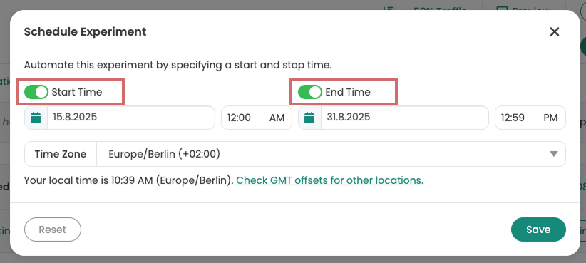 Dialog „Schedule Experiment“ with the toggles „Start Time“ and „End Time“ switched on and both dates filled in