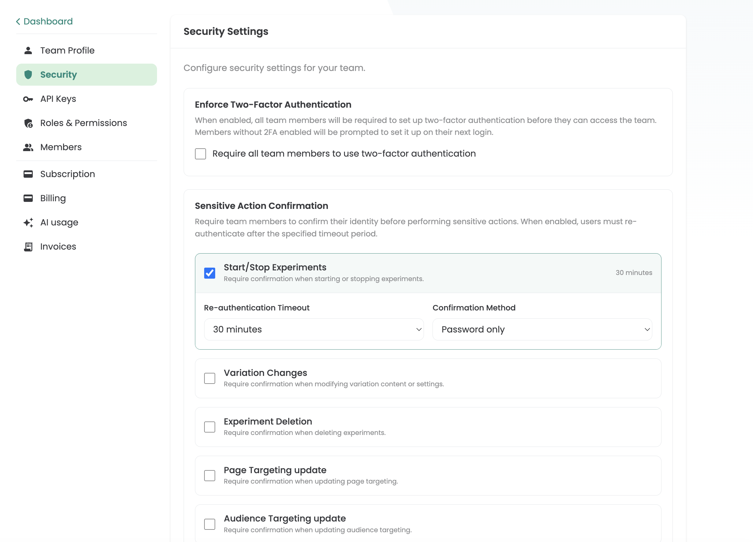 Varify „Security Settings“: 2FA enforcement above, below „Sensitive Action Confirmation“ with „Start/Stop Experiments“ ticked, 30 minutes and „Password only“