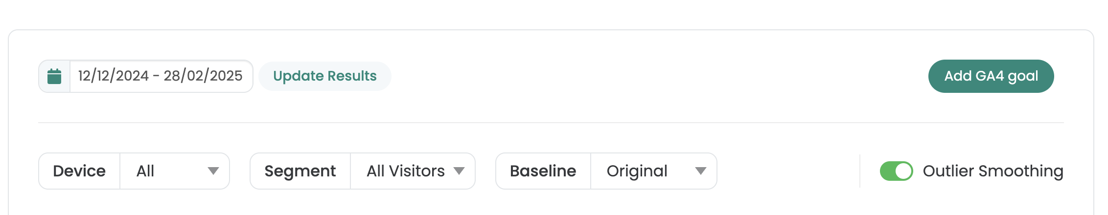 Filter bar of the test results with date range, „Device“, „Segment“, „Baseline“ and the switched-on „Outlier Smoothing“