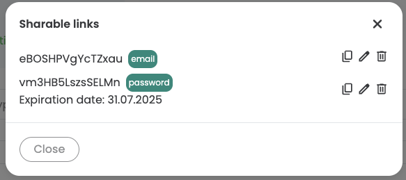 Dialog „Sharable links“ listing two links, one tagged „email“ and one tagged „password“ with expiration date 31.07.2025, each with copy, edit and delete icons