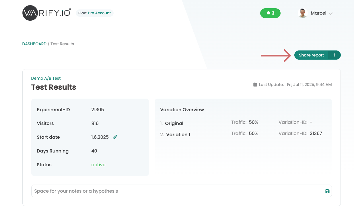 Varify test results page; an arrow points at the „Share report“ button above the result card