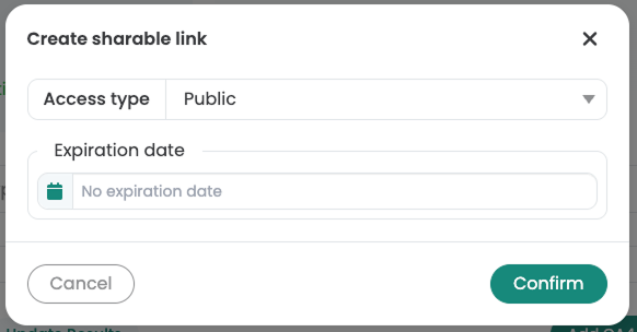 Dialog „Create sharable link“ with access type „Public“ and an empty expiration date