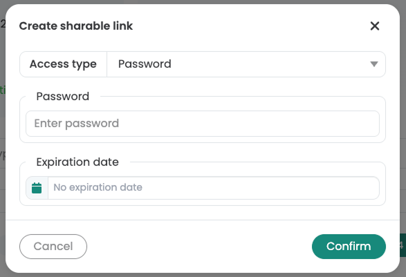 Dialog „Create sharable link“ with access type „Password“ and the field for the password to be set