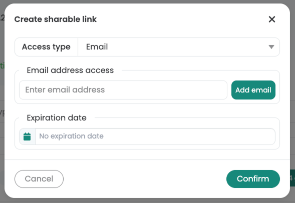 Dialog „Create sharable link“ with access type „Email“ and the field for the address plus the „Add email“ button